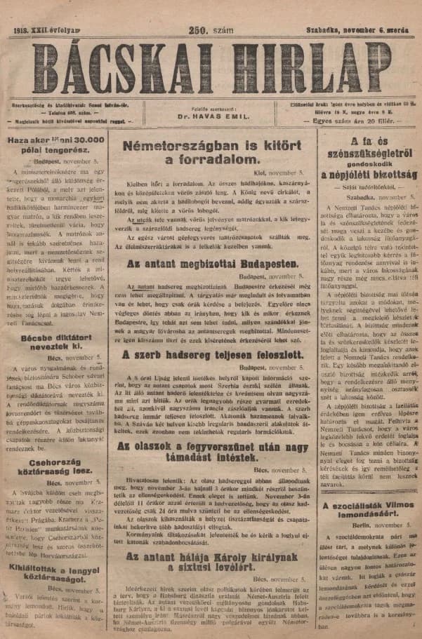 Bácskai Hirlap, 22. évf. 1918. november 6. 250. sz.