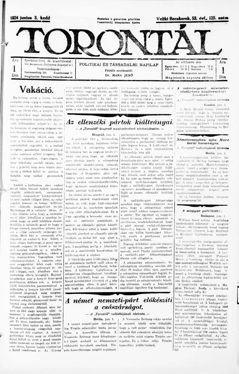 Torontál, 53. évf. 1924. június 3. 125. sz.