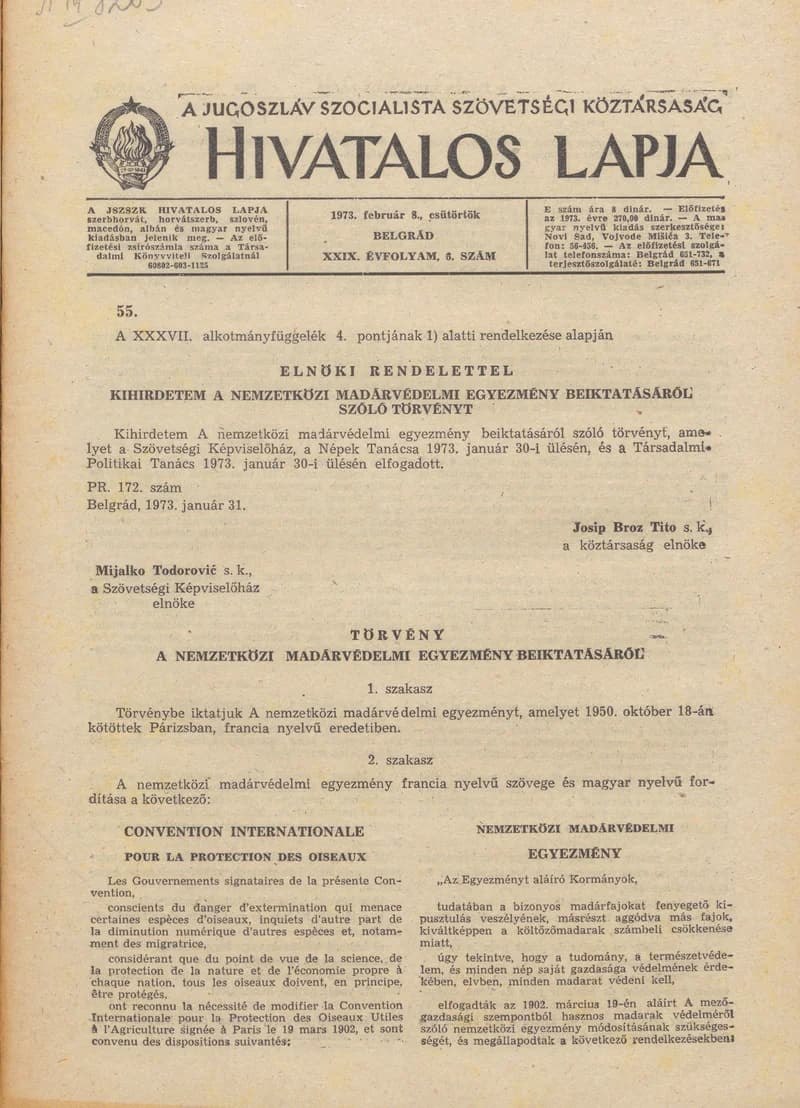 A Jugoszláv Szocialista Szövetségi Köztársaság Hivatalos Lapja, 29. évf. 1973. február 8. 6. sz. 97–160. oldal