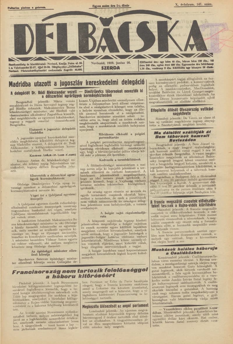 Délbácska, 10. évf. 1929. június 26. 147. sz.
