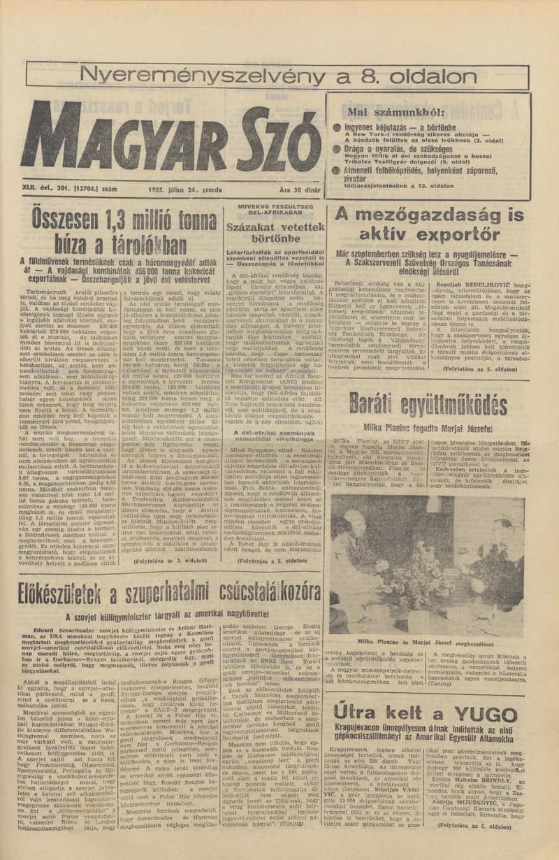 Magyar Szó, 42. évf. 1985. július 24. 201. sz. 1–16. oldal
