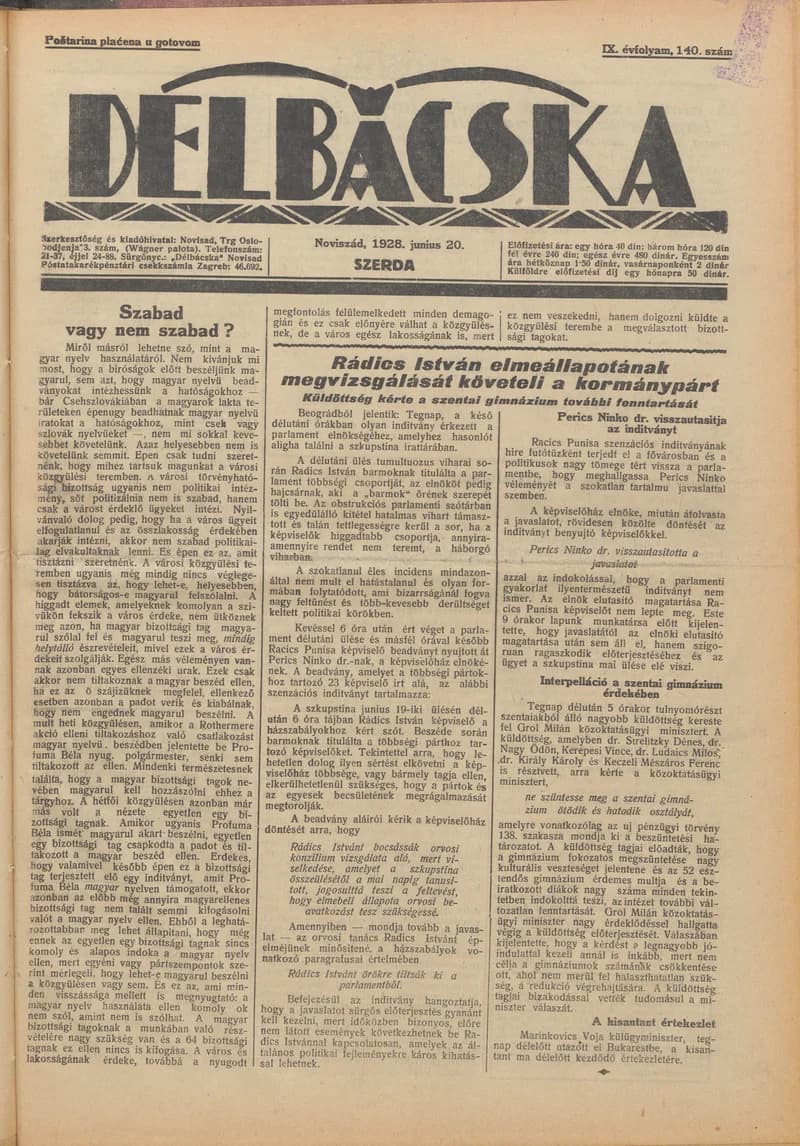 Délbácska, 9. évf. 1928. június 20. 140. sz.