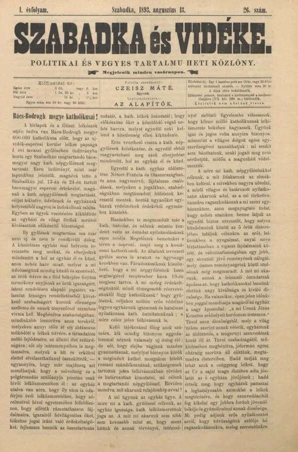 Szabadka és vidéke II, 1. évf. 1893. augusztus 13. 26. sz.