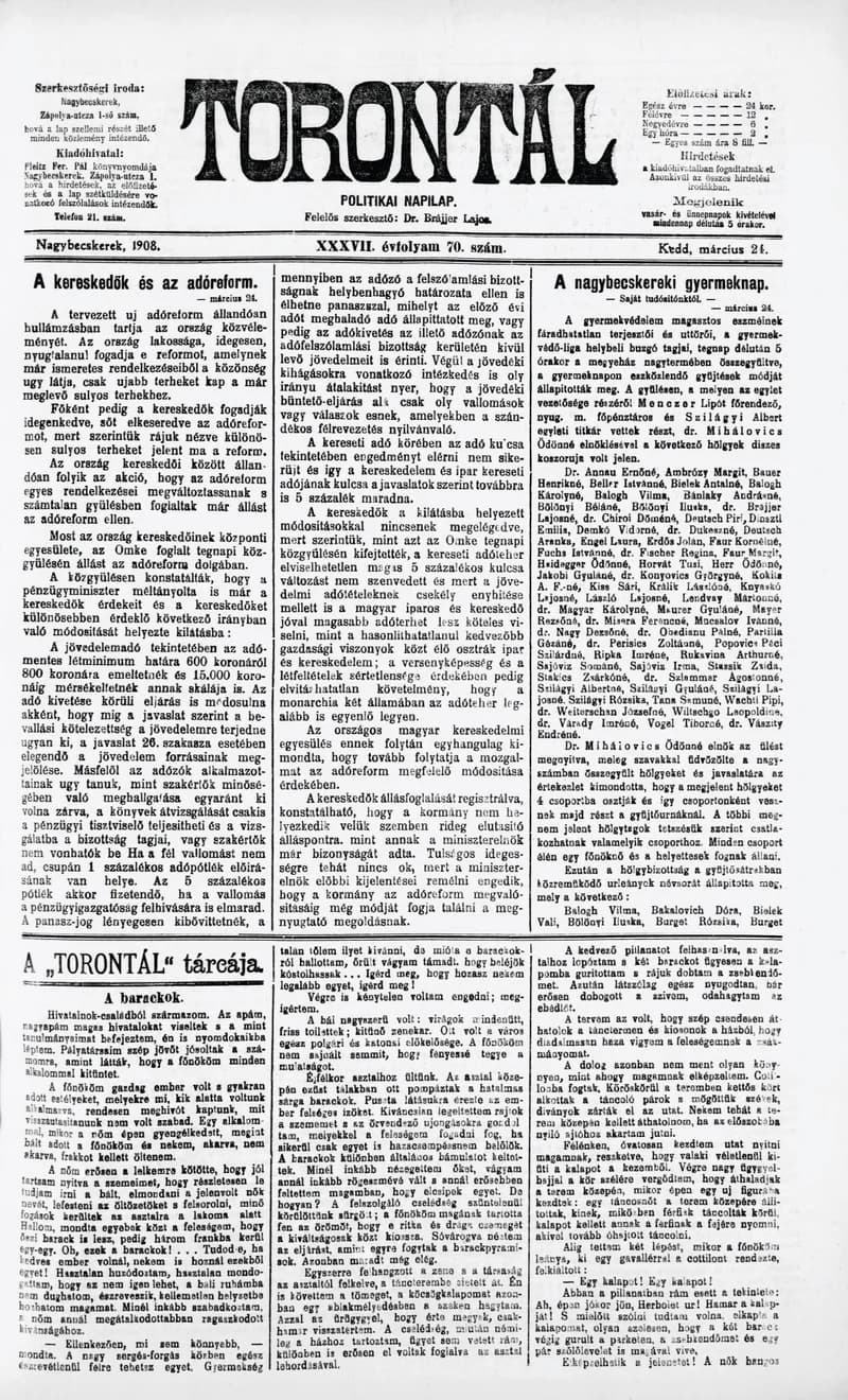 Torontál, 37. évf. 1908. március 24. 70. sz.