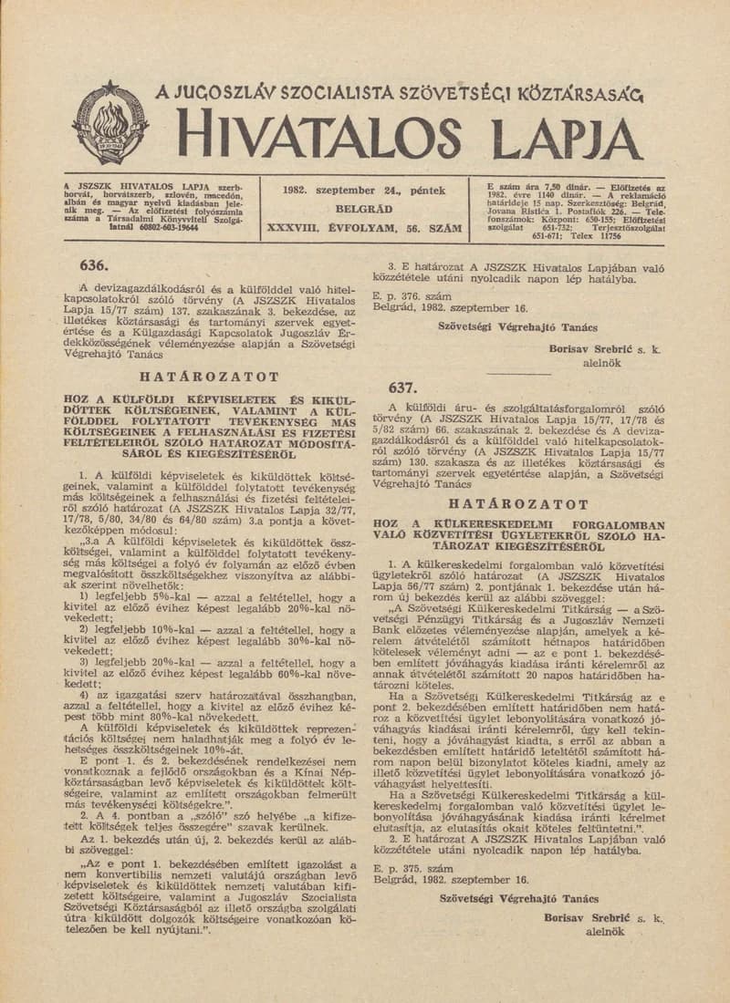 A Jugoszláv Szocialista Szövetségi Köztársaság Hivatalos Lapja, 38. évf. 1982. szeptember 24. 56. sz. 1381–1392. oldal
