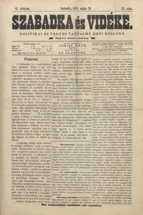 Szabadka és vidéke II, 6. évf. 1898. május 29. 22. sz.