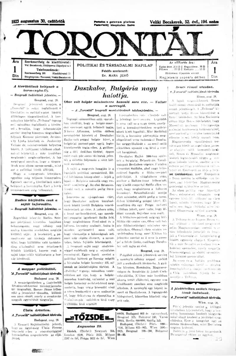 Torontál, 52. évf. 1923. augusztus 30. 194. sz.