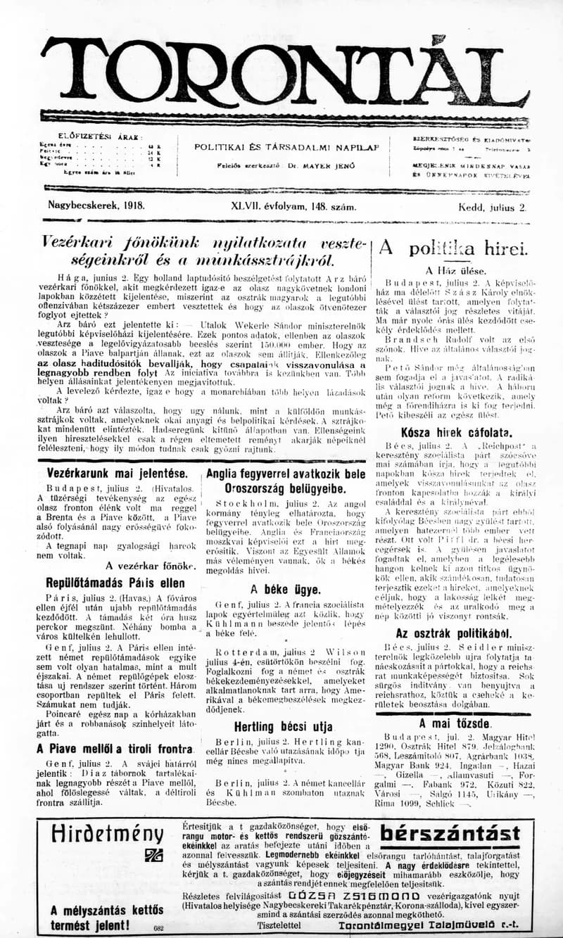 Torontál, 47. évf. 1918. július 2. 148. sz.