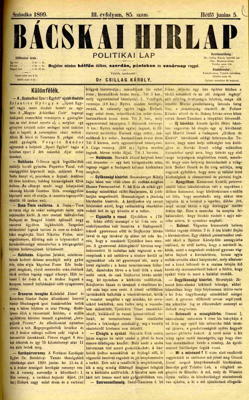 Bácskai Hirlap, 3. évf. 1899. június 5. 85. sz.