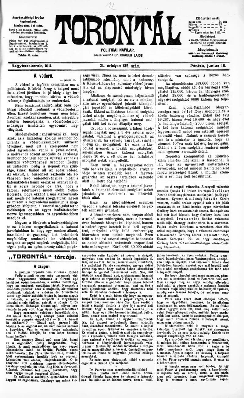 Torontál, 40. évf. 1911. június 16. 135. sz.
