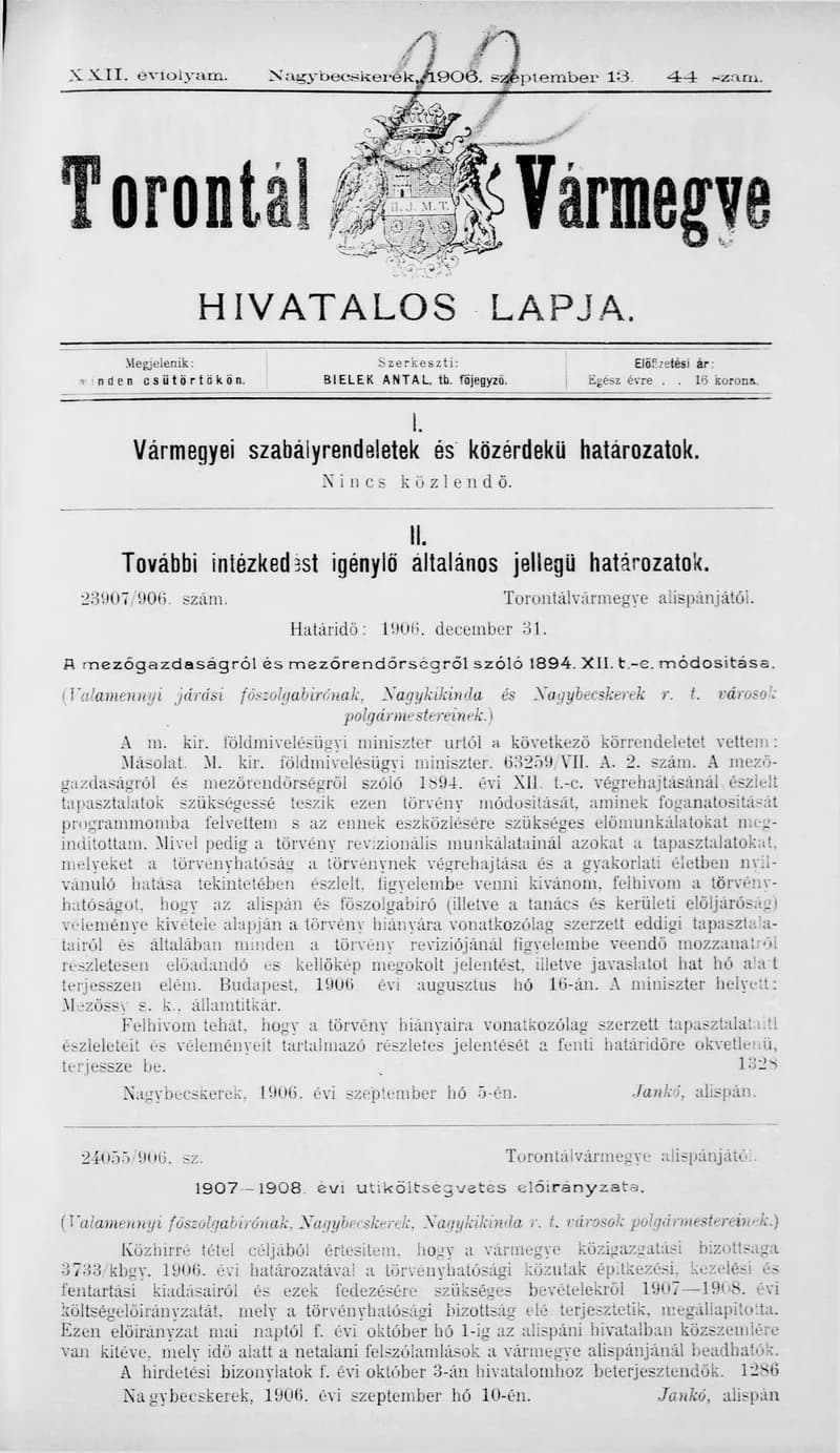 Torontál Vármegye Hivatalos Lapja, 22. évf. 1906. szeptember 13. 44. sz.