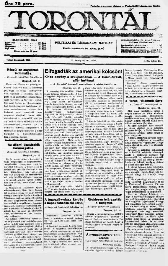 Torontál, 51. évf. 1922. július 25. 161. sz.