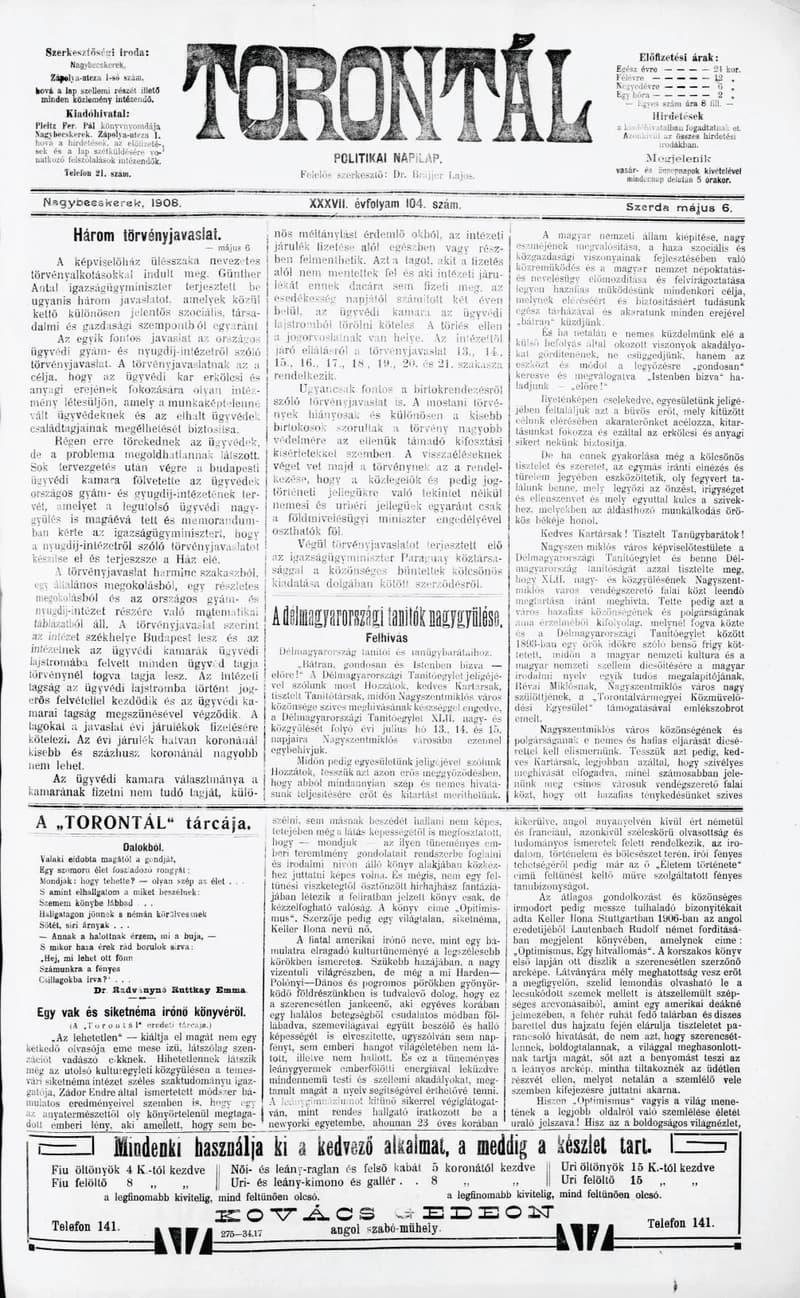 Torontál, 37. évf. 1908. május 6. 104. sz.
