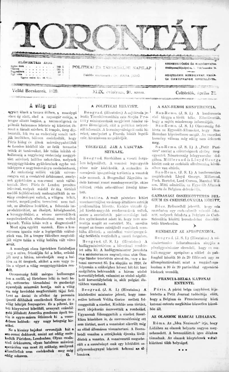 Torontál, 49. évf. 1920. április 22. 91. sz.