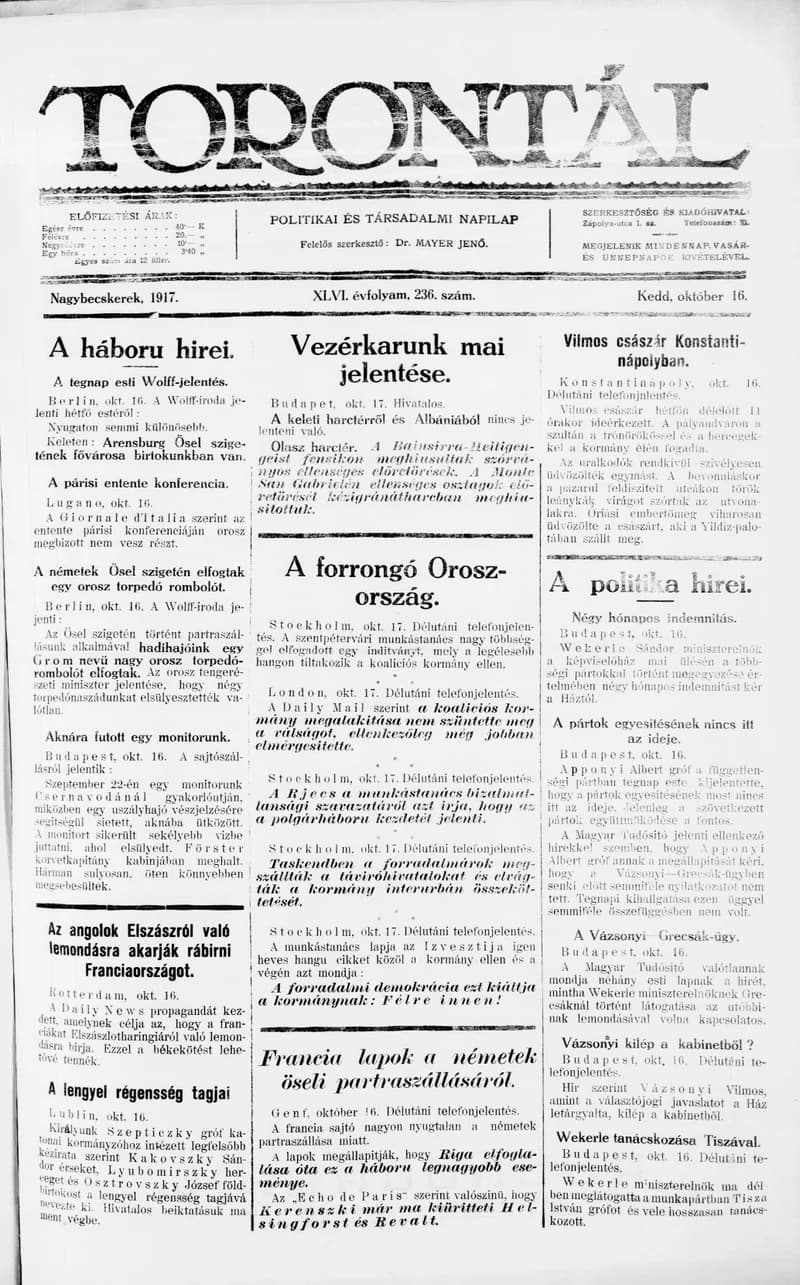 Torontál, 46. évf. 1917. október 16. 236. sz.