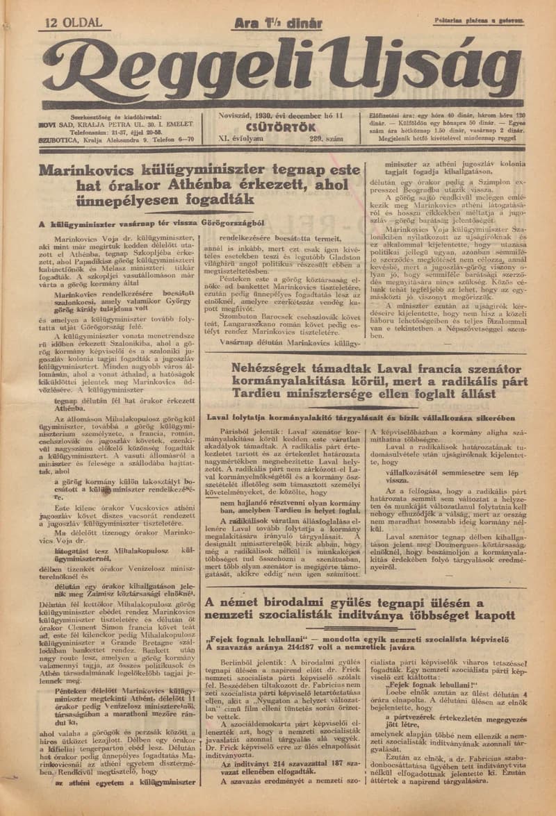 Reggeli Újság, 11. évf. 1930. december 11. 289. sz.