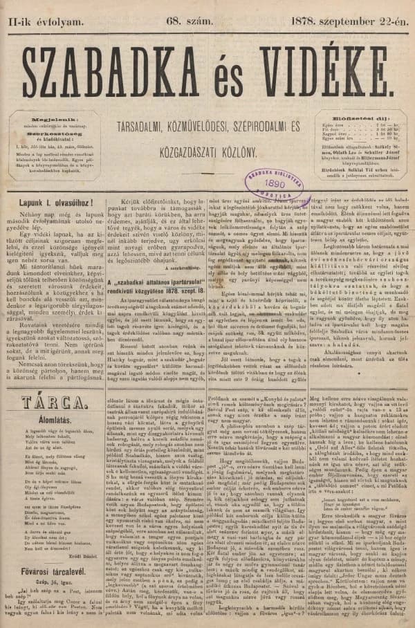 Szabadka és vidéke, 2. évf. 1878. szeptember 22. 68. sz.