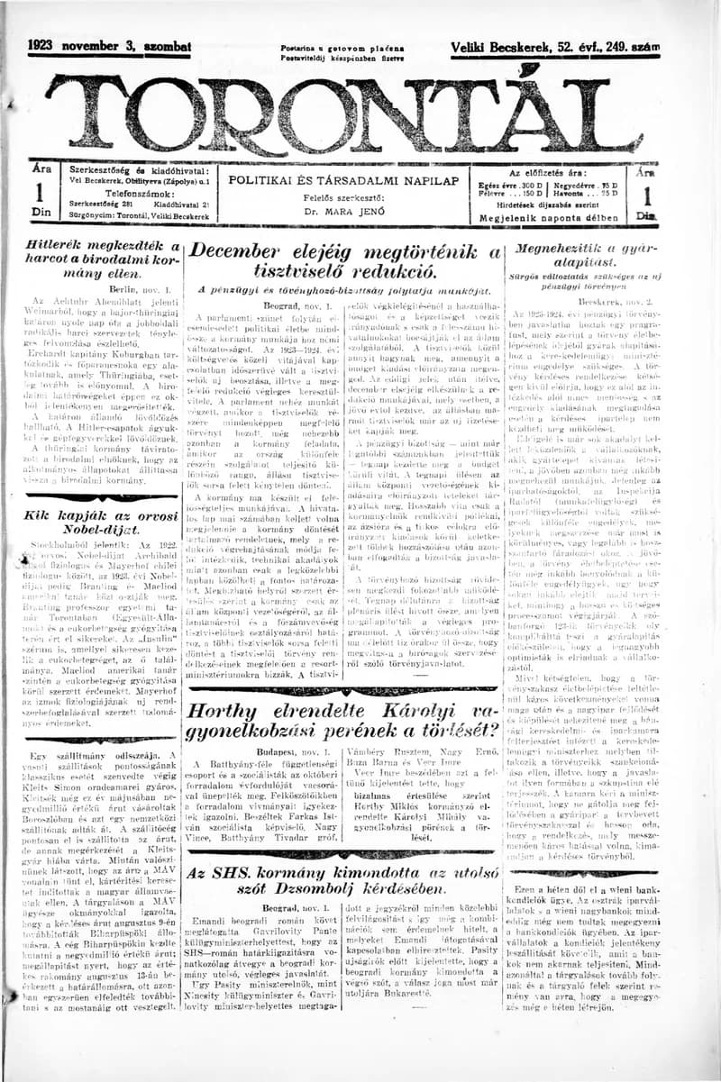 Torontál, 52. évf. 1923. november 3. 249. sz.