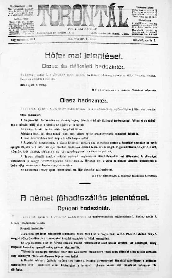 Torontál, 45. évf. 1916. április 8. 81. sz.