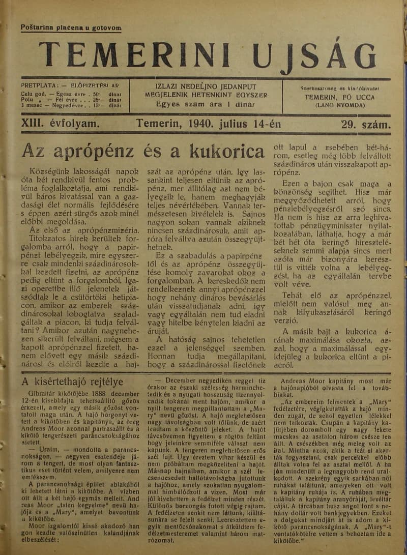 Temerini Újság 1928-1944, 13. évf. 1940. július 14. 29. sz.