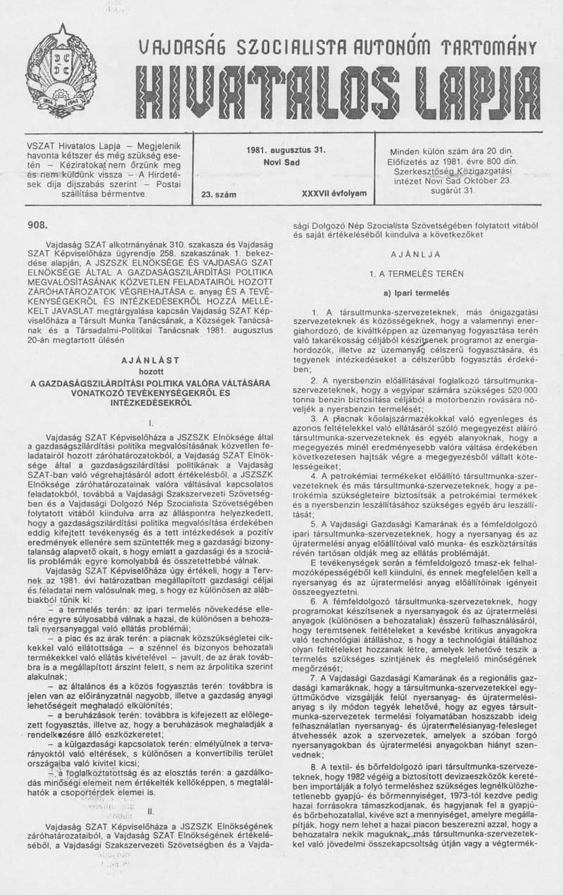 Vajdaság Szocialista Autonóm Tartomány Hivatalos Lapja, 37. évf. 1981. augusztus 31. 23. sz.