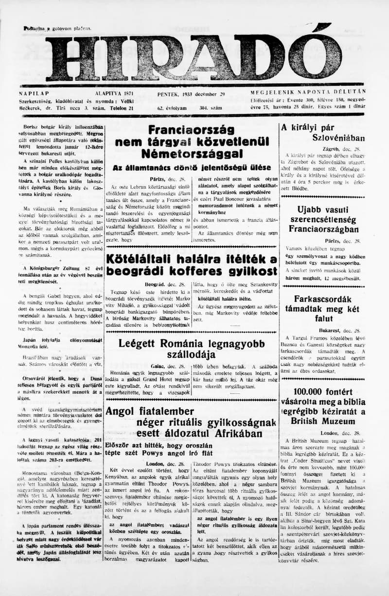Híradó, 62. évf. 1933. december 29. 304. sz.