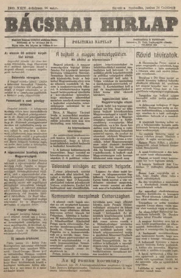 Bácskai Hirlap, 24. évf. 1920. június 24. 96. sz.