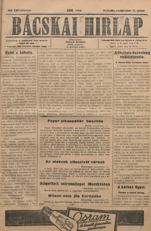 Bácskai Hirlap, 22. évf. 1918. szeptember 13. 206. sz.
