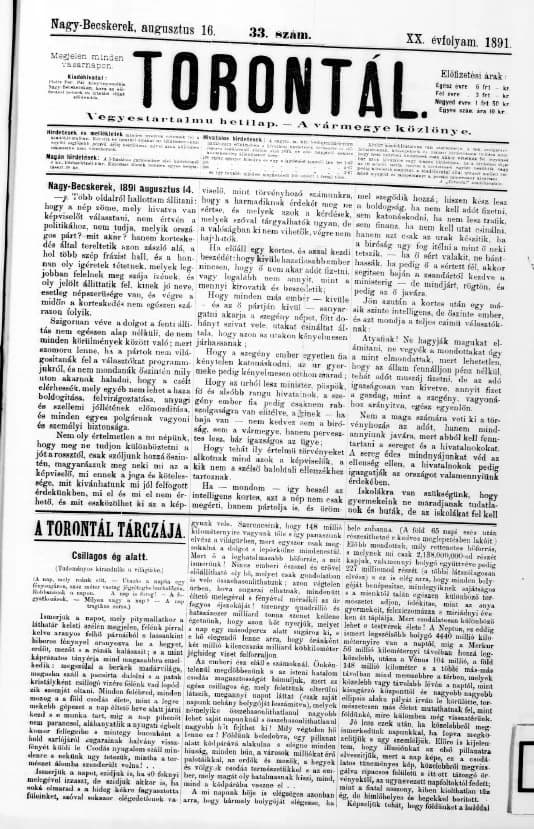 Torontál, 20. évf. 1891. augusztus 16. 33. sz.