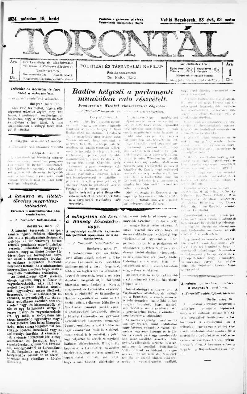 Torontál, 53. évf. 1924. március 18. 63. sz.
