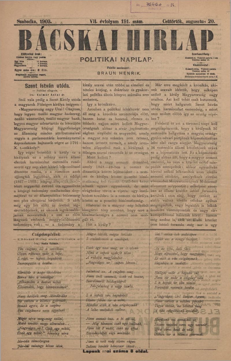 Bácskai Hirlap, 7. évf. 1903. augusztus 20. 191. sz.