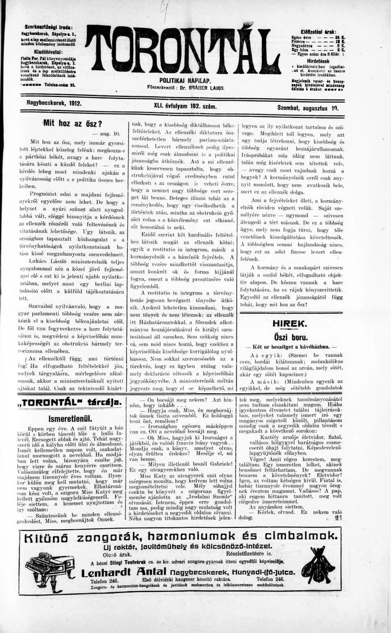 Torontál, 41. évf. 1912. augusztus 10. 182. sz.