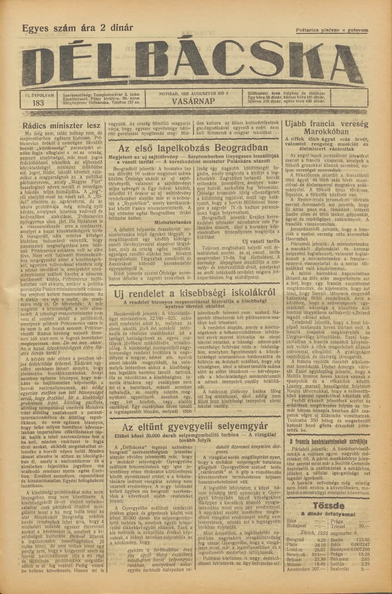 Délbácska, 6. évf. 1925. augusztus 9. 183. sz.