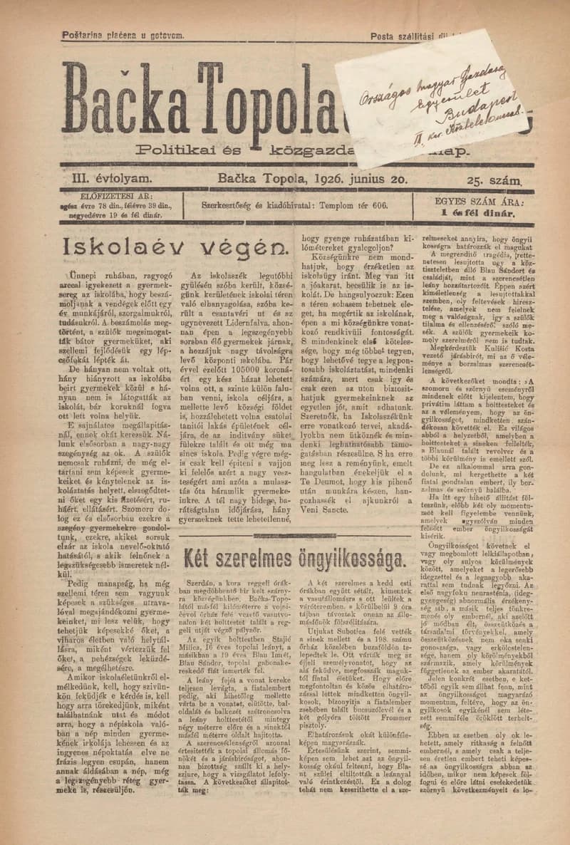 Bačka Topola és Vidéke, 3. évf. 1926. június 20. 25. sz.
