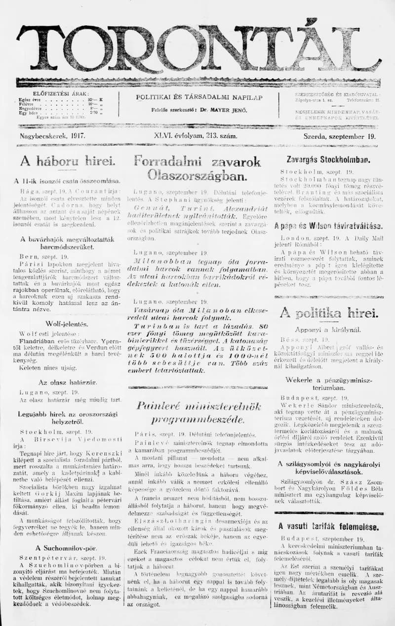 Torontál, 46. évf. 1917. szeptember 19. 213. sz.