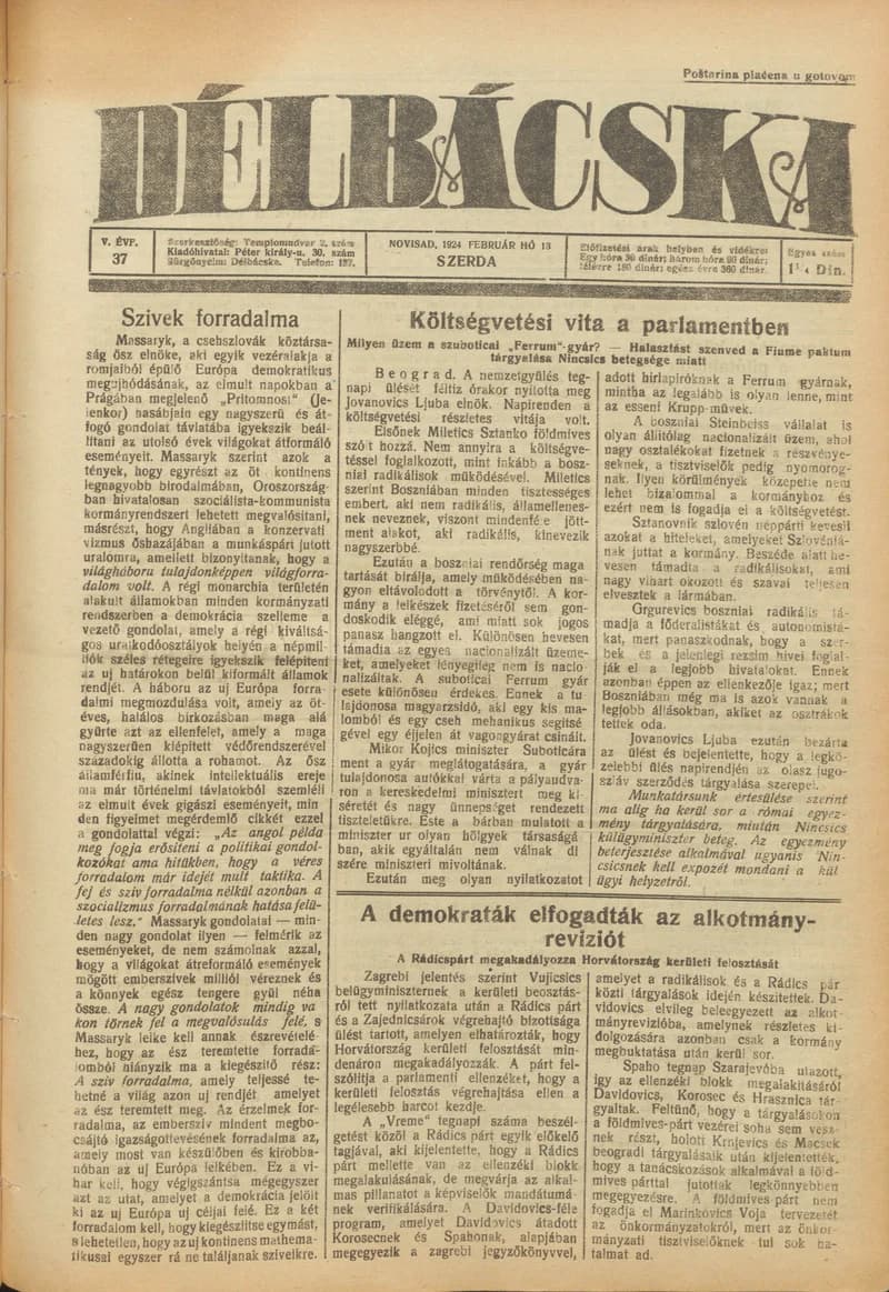 Délbácska, 5. évf. 1924. február 13. 37. sz.