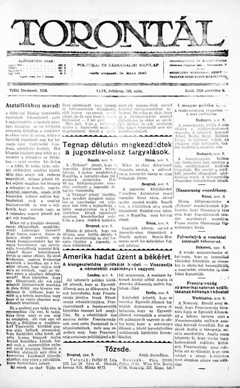 Torontál, 49. évf. 1920. november 9. 249. sz.