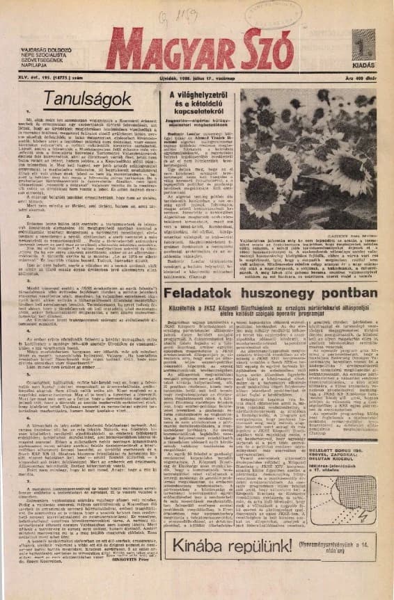 Magyar Szó, 45. évf. 1988. július 17. 195. sz. 1–32. oldal