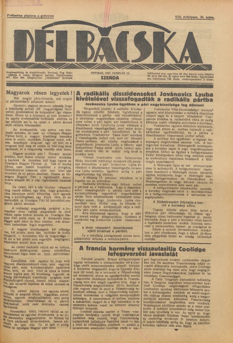 Délbácska, 8. évf. 1927. február 16. 38. sz.