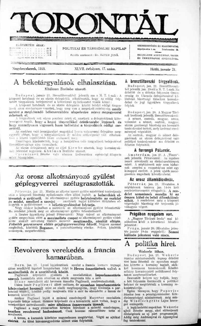Torontál, 47. évf. 1918. január 21. 17. sz.