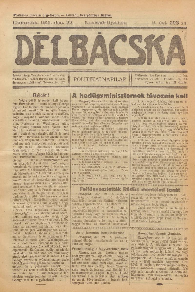 Délbácska, 2. évf. 1921. december 22. 293. sz.
