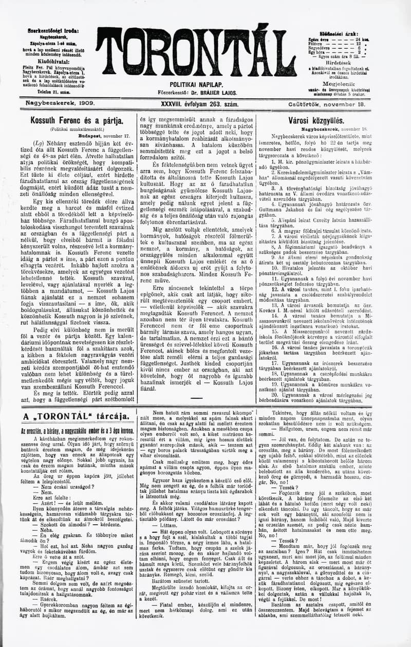 Torontál, 38. évf. 1909. november 18. 263. sz.