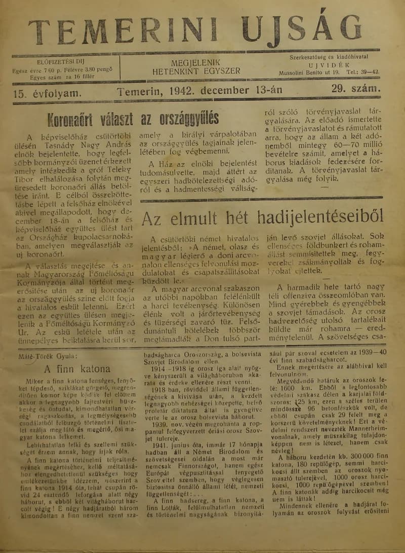 Temerini Újság 1928-1944, 15. évf. 1942. december 13. 29. sz.