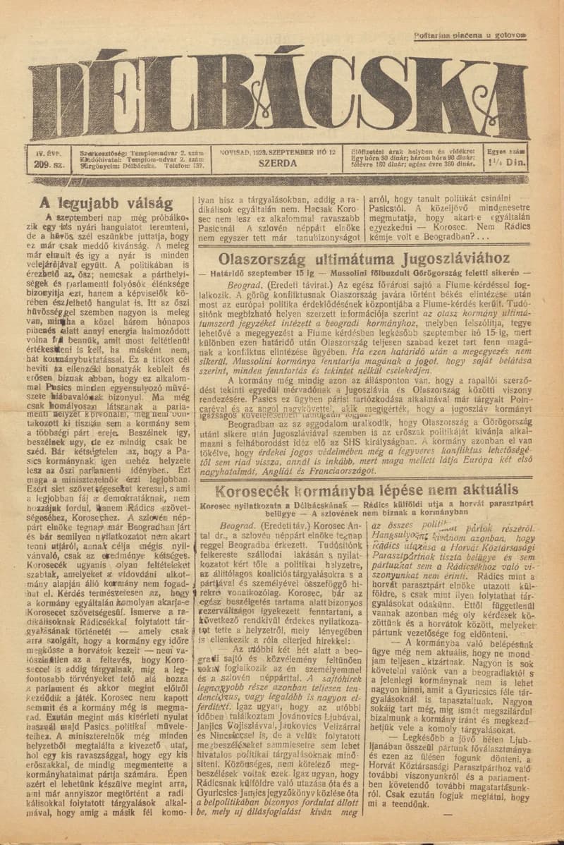 Délbácska, 4. évf. 1923. szeptember 12. 209. sz.