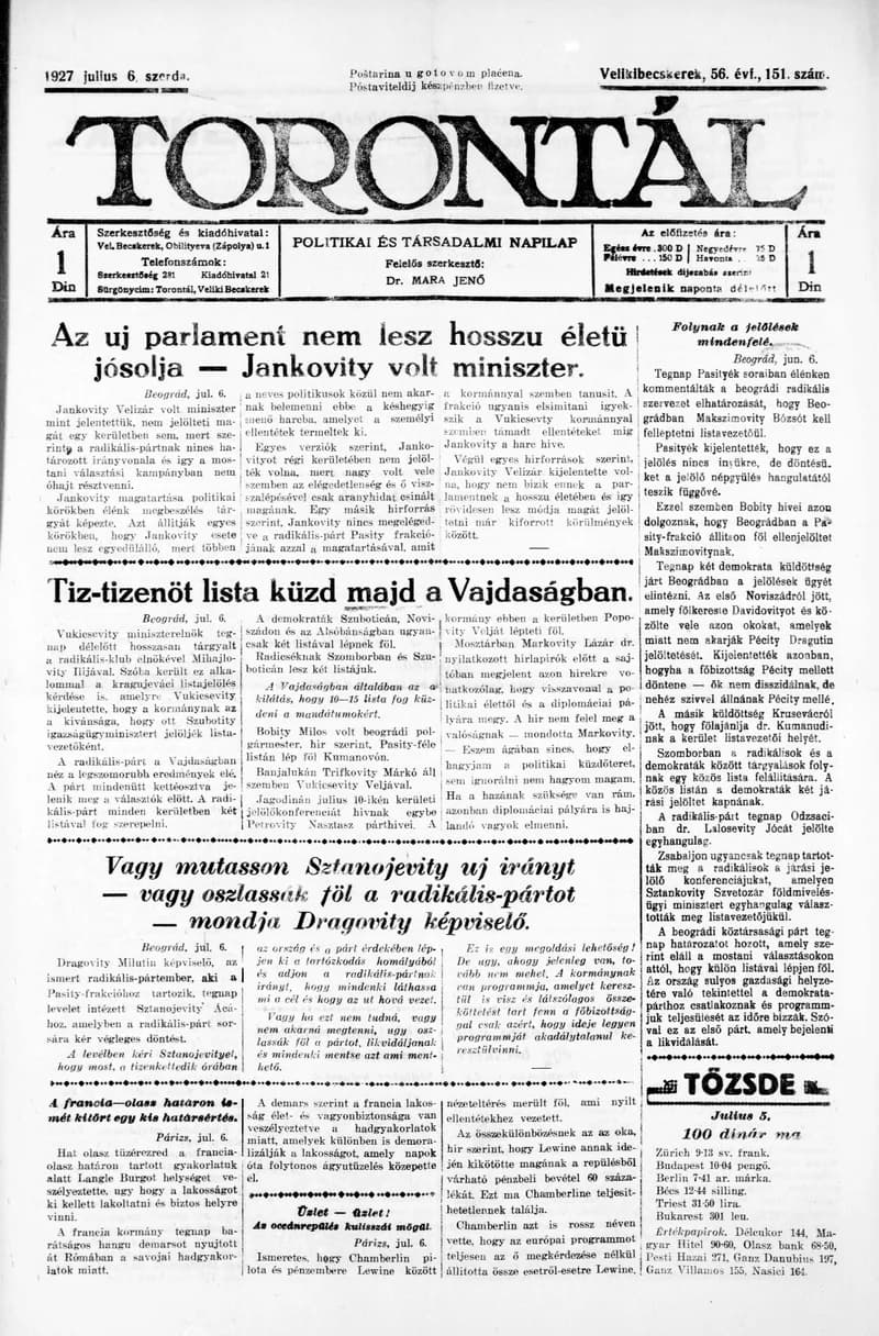Torontál, 56. évf. 1927. július 6. 151. sz.