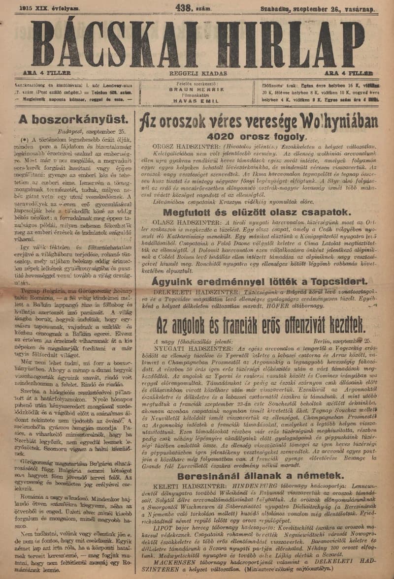 Bácskai Hirlap, 19. évf. 1915. szeptember 26. 438. sz.