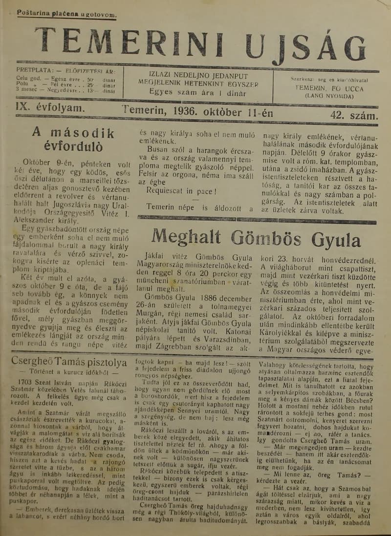 Temerini Újság 1928-1944, 9. évf. 1936. október 11. 42. sz.