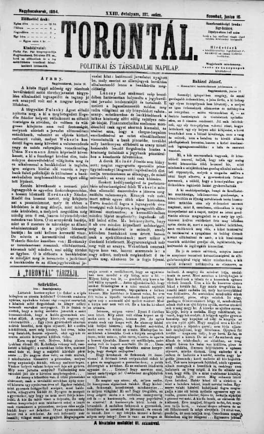Torontál, 23. évf. 1894. június 16. 137. sz.