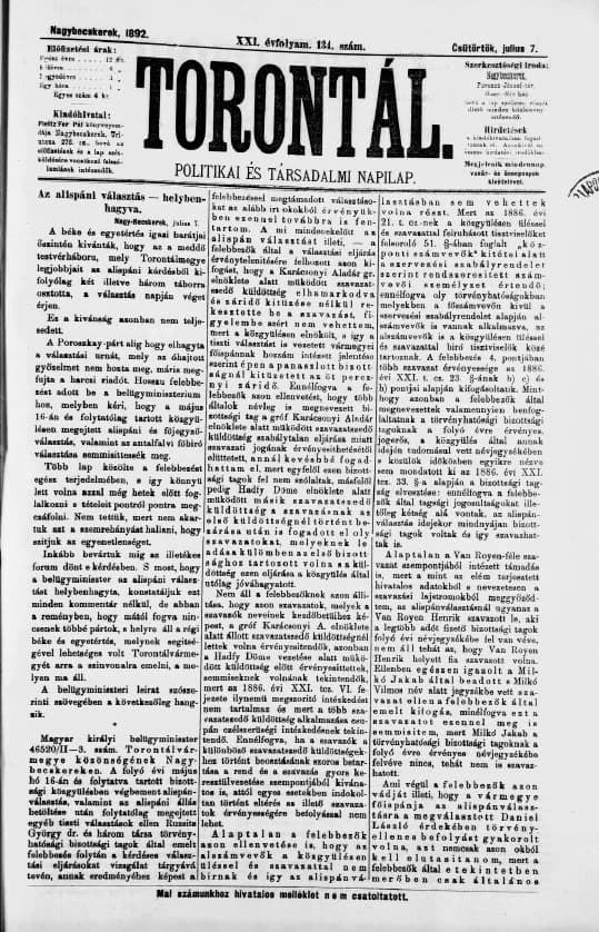 Torontál, 21. évf. 1892. július 7. 134. sz.