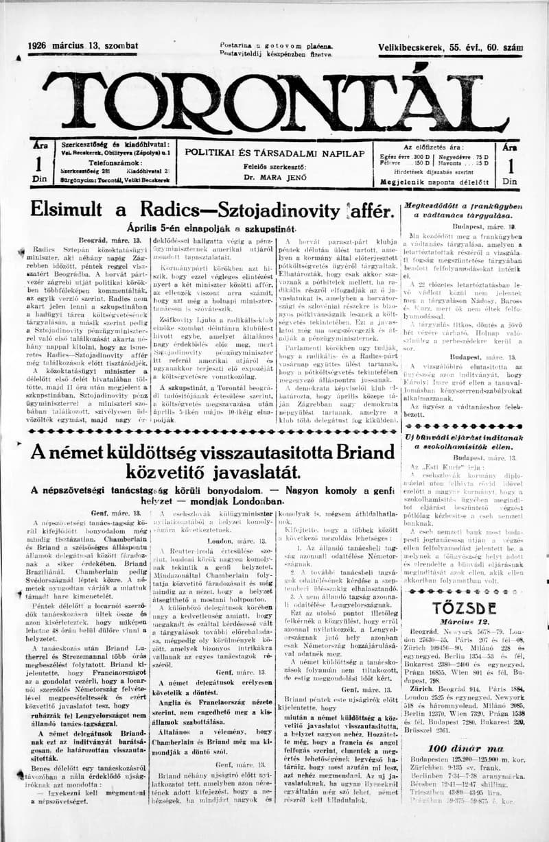 Torontál, 55. évf. 1926. március 13. 60. sz.